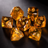 Faceted Yellow Glass Dice Set – Handcrafted K9 Crystal RPG Dice with Golden Engravings for Dungeons & Dragons & Collectors